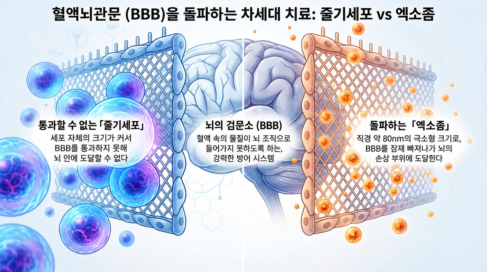 혈액-뇌 장벽(BBB)을 돌파하는 차세대 치료: 줄기세포와 엑소좀 비교